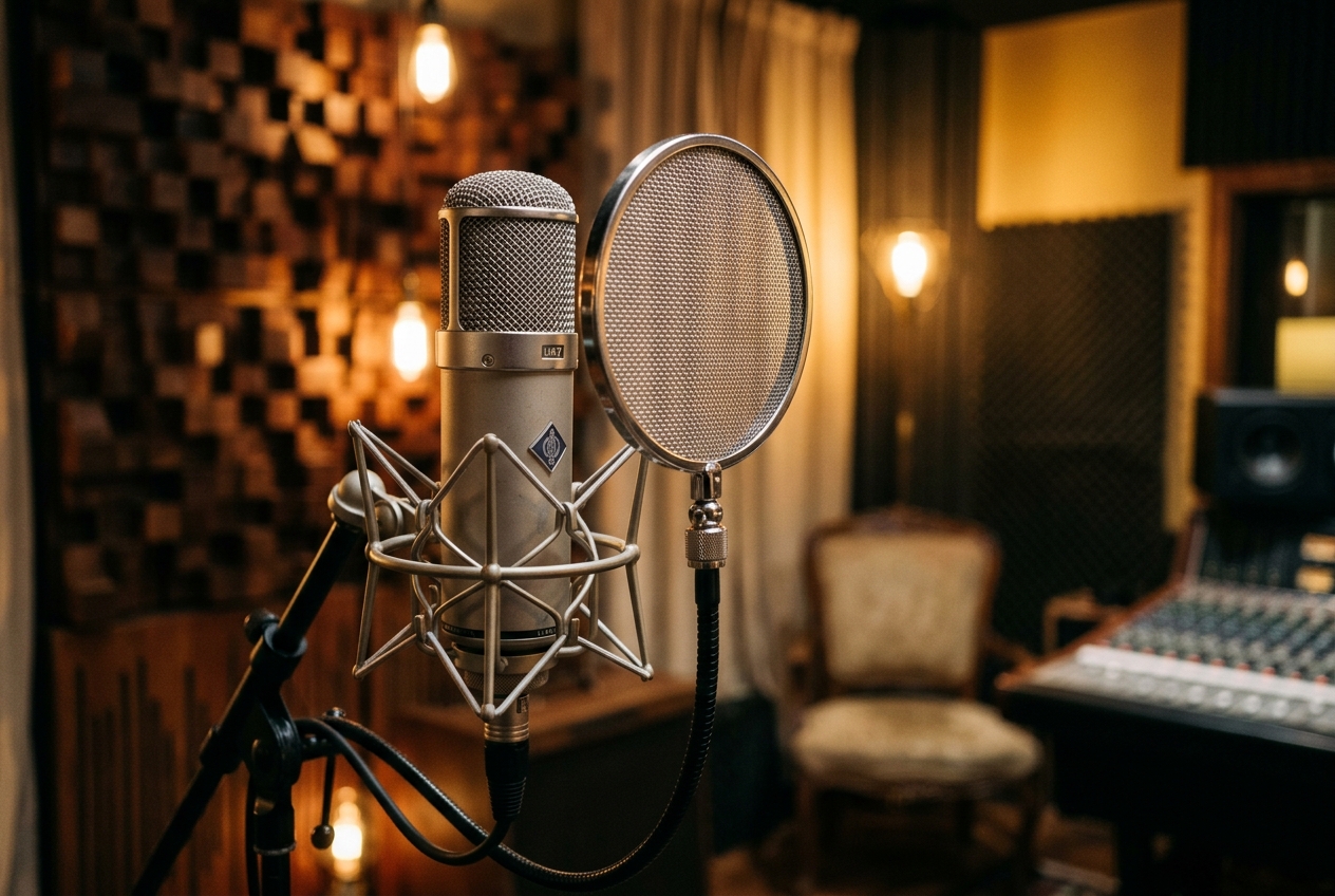 Premium condenser vintage microphone in professional recording studio close-up